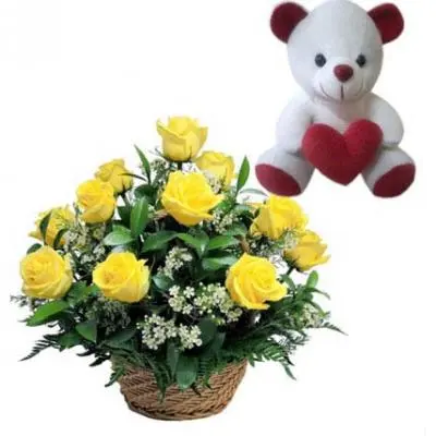 Teddy With Roses Basket