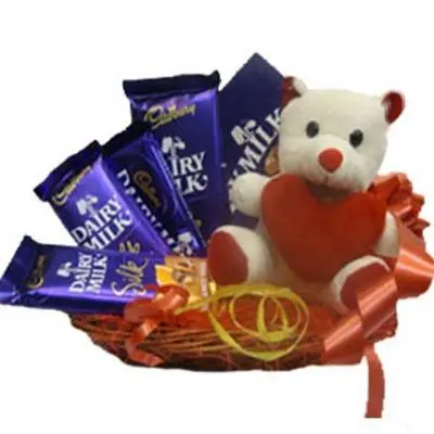 Teddy in Basket With Chocolates