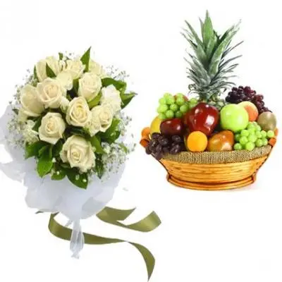 White Roses With Fruit Basket