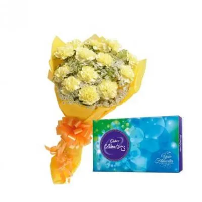 Yellow Carnation With Cadbury Celebration