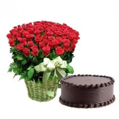 100 Roses Basket With Chocolate Cake