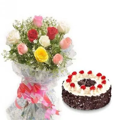 Mixed Roses With Black Forest Cake