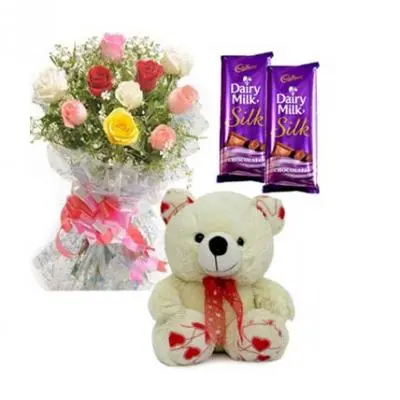 Mix Roses, Teddy With Chocolates