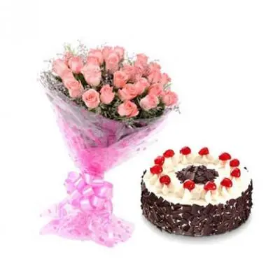 Pink Roses With Black Forest Cake