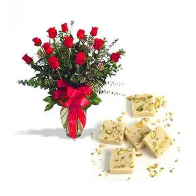 Red Roses With Khoya Burfi