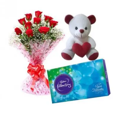 Roses, Teddy With Cadbury Celebration