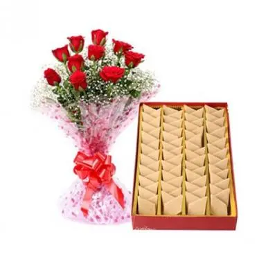 Kaju Burfi With Red Roses