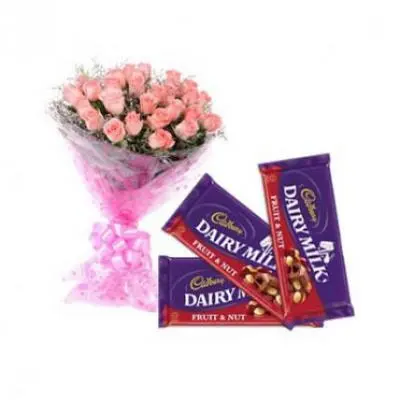 Pink Roses With Cadbury Dairy Milk Fruit & Nut