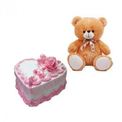 Teddy With Heart Shape Strawberry Cake