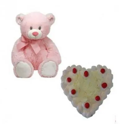 Teddy With Heart Shape White Forest Cake