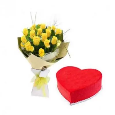 Yellow Roses With Heart Shape Red Velvet Cake