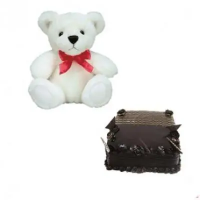 Teddy With Chocolate Truffle Cake Square
