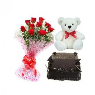 Roses, Teddy With Chocolate Truffle Cake Square
