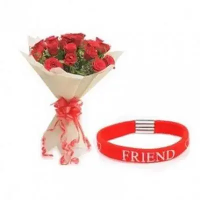 Friendship Band With Red Roses Bouquet
