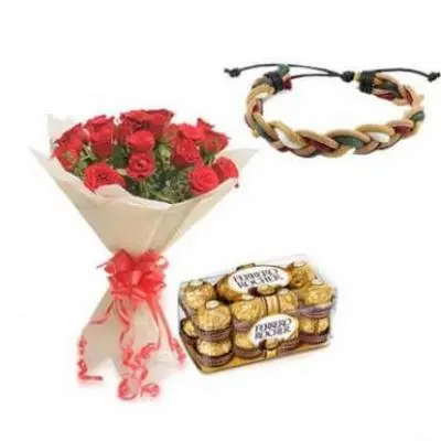 Friendship Day Band With Red Roses And Ferrero Rocher