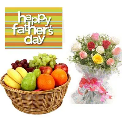 Fresh Fruits and Mixed Roses Basket With Fathers Day Card