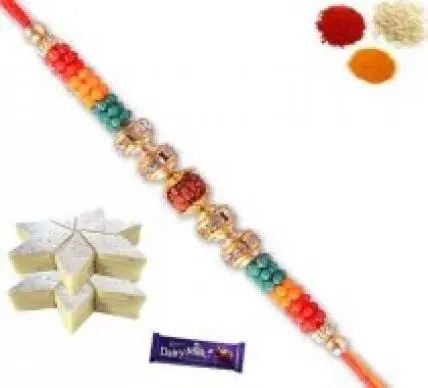 Rudraksh Rakhi with Kaju Burfi and Chocolate Rudraksh Rakhi with Kaju Burfi and Chocolate