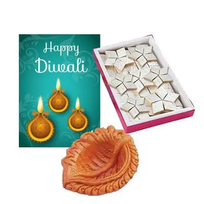 Diwali Diya Set with Kaju Burfi and Greeting Card Diwali Diya Set with Kaju Burfi and Greeting Card