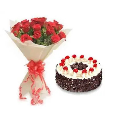 Red Roses With Black Forest Cake