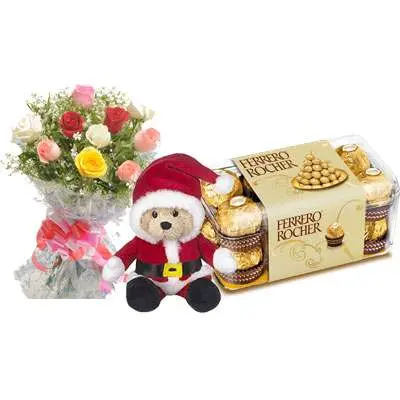 Santa Claus with Mix Roses Bouquet & Ferrero Rocher