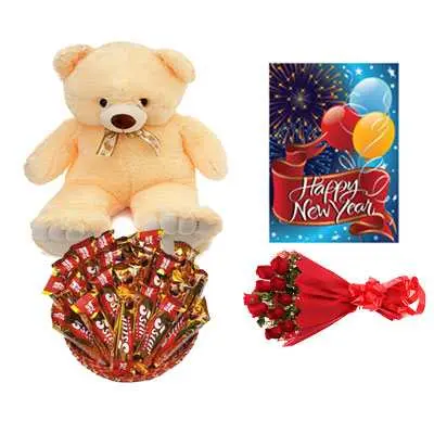 5 Star Chocolate Hamper, Roses Bouquet, Card & Teddy Bear