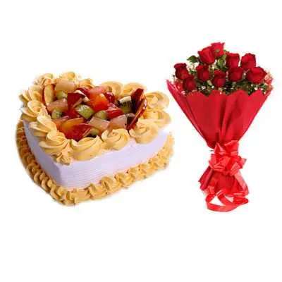 Fruit Heart Shape Cake & Bouquet