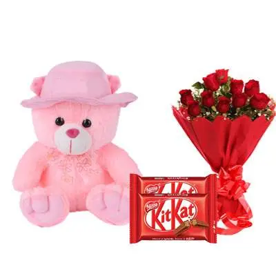 16 Inch Teddy with Kitkat & Bouquet