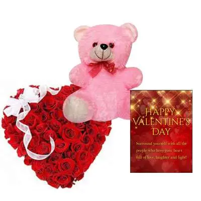 Red Rose Heart Arrangement with Teddy & Card