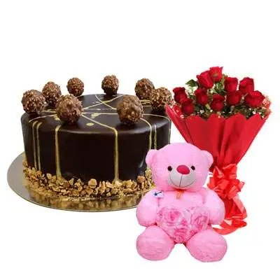 Ferrero Rocher Chocolate Cake, Bouquet & Teddy