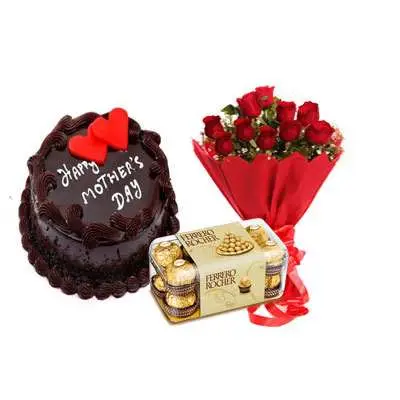 Mothers Day Chocolate Cake, Bouquet & Ferrero