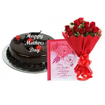 Mothers Day Chocolate Truffle Cake, Bouquet & Card