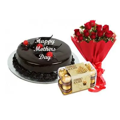 Mothers Day Chocolate Truffle Cake, Bouquet & Ferrero