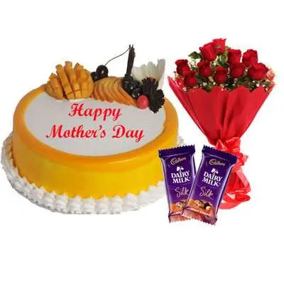 Mothers Day Mango Cake with Bouquet & Silk Mothers Day Mango Cake with Bouquet & Silk