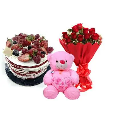 Red Velvet Fruit Cake, Bouquet & Teddy