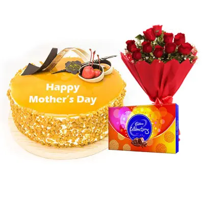 Mothers Day Butterscotch Cream Cake, Bouquet & Cadbury