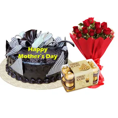 Mothers Day Chocolate Cream Cake, Bouquet & Ferrero