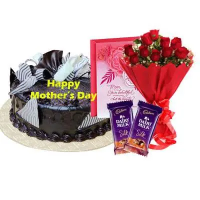 Mothers Day Chocolate Cream Cake, Bouquet, Silk & Card