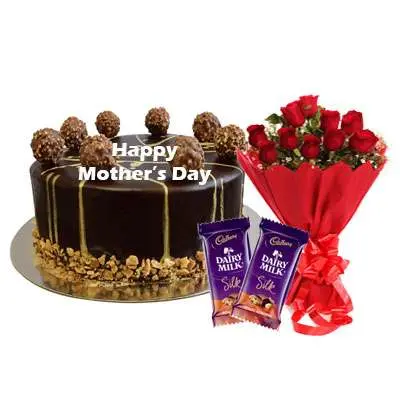 Mothers Day Ferrero Rocher Chocolate Cake, Roses & Silk