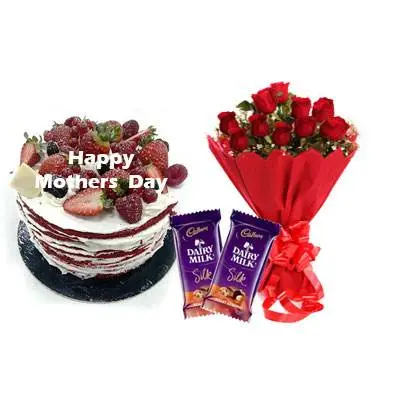 Mothers Day Red Velvet Fruit Cake, Bouquet & Silk