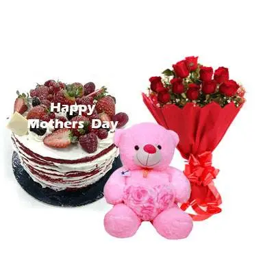 Mothers Day Red Velvet Fruit Cake, Bouquet & Teddy