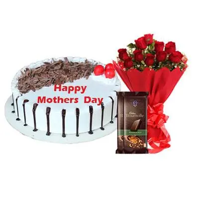 Mothers Day Snowy Black Forest Cake, Bouquet & Bournville