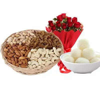 Mixed Dry Fruits, Bouquet & Rasgulla