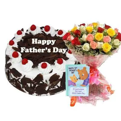 Fathers Day Black Forest Cake, Bouquet & Card