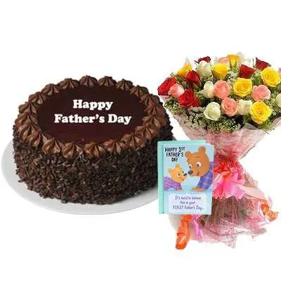 Fathers Day Chocolate Cake with Mix Bouquet & Card