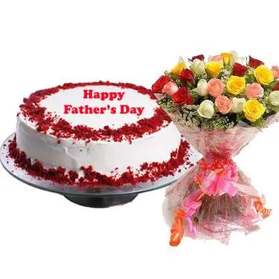 Fathers Day Red Velvet Cake with Mix Bouquet