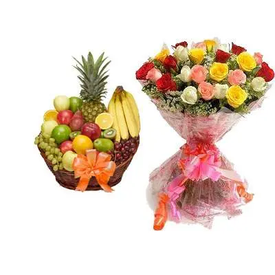 Fruit Basket with Mix Rose Bouquet