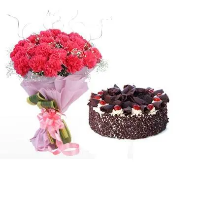 Pink Carnation Bouquet & Black Forest Cake