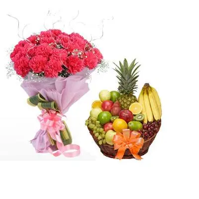 Pink Carnation Bouquet & Fruit Basket
