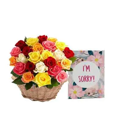 Mix Rose Basket with Sorry Card
