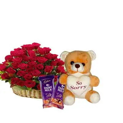 Rose Basket with Sorry Teddy & Chocolates